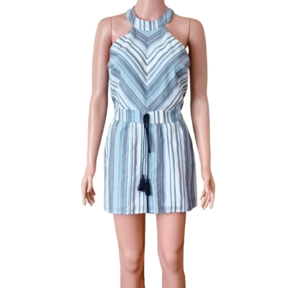 Women's High Neck Chevron Romper M Blue & Gray Stripe Halter Spring Jumpsuit